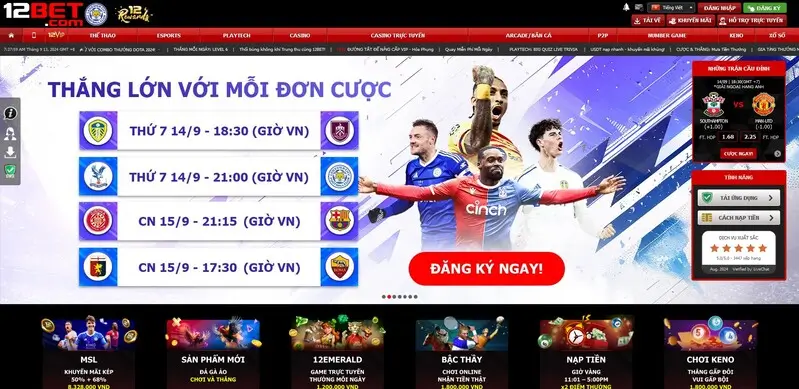 Giao diện 12bet hiện đại, thân thiện